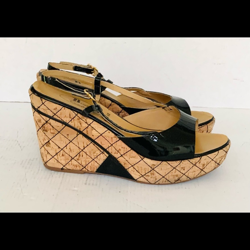 Black patent leather sandals slingback open toe lightweight platform wedges US10